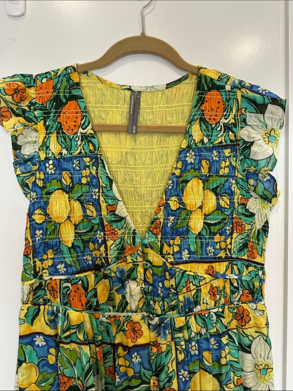 New Anthropologie Peregrine Flutter Sleeve Smocked Maxi Midi Lemon Fruit Dress S - Picture 5 of 6